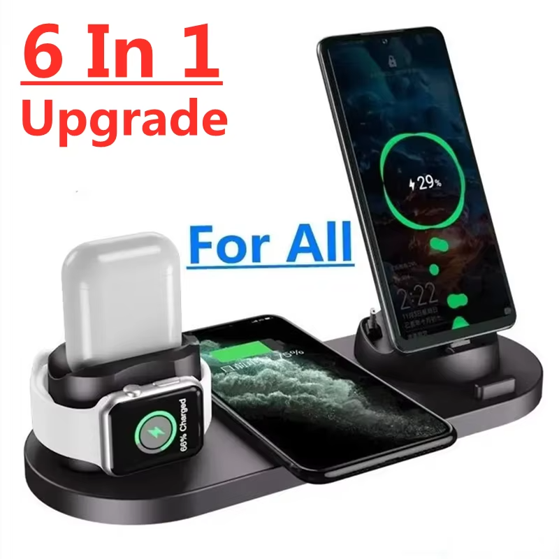 Premium 6 in 1 Wireless Charging Station – Fast Charger Dock for iPhone, Apple Watch, AirPods with Type-C, Lightning & Micro USB Ports, 15W Output