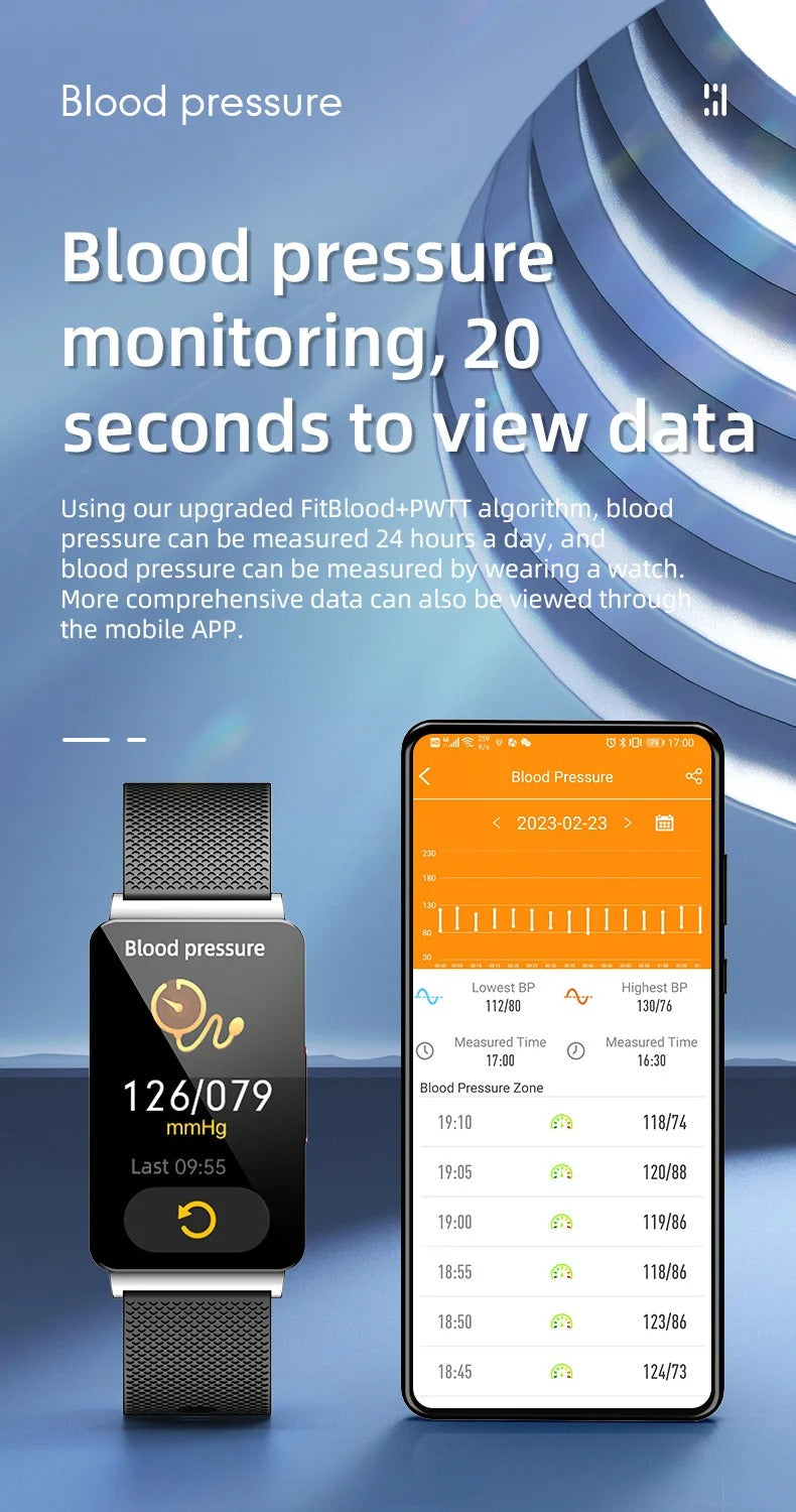 Premium Non-Invasive Blood Glucose Smartwatch – ECG, Heart Rate, Blood Pressure, Oxygen & Temperature Monitor, Waterproof Fitness Tracker with Touchscreen