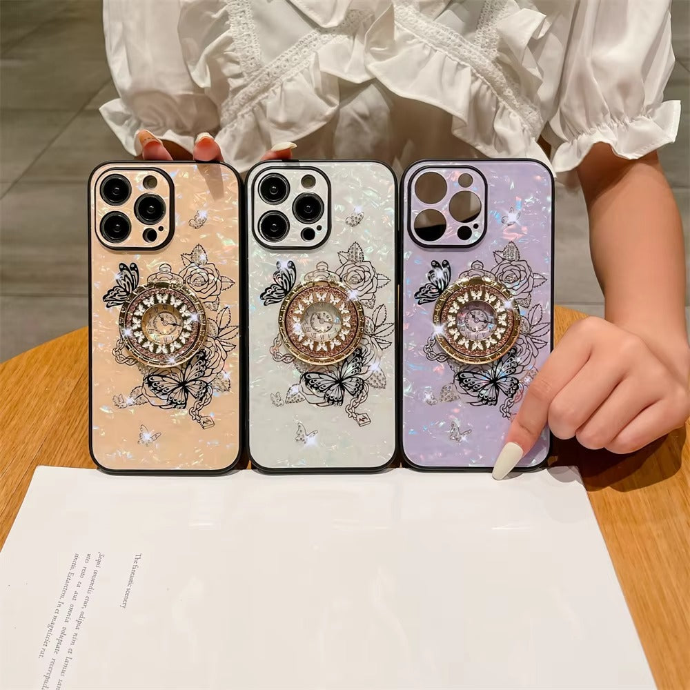 Luxury Apple iPhone Case, MagSafe Compatible, Camera Lens & Screen Protection, Ultra Thin, Shockproof, Magnetic Full All Around Cover – Butterfly Flower Pattern Silicone Case with Diamond Ring Holder & Hard Back Protection