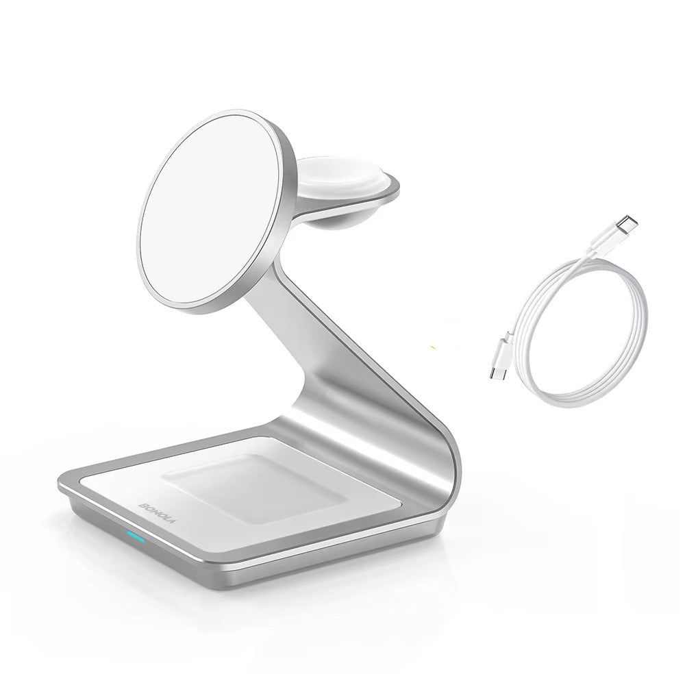Premium 3 in 1 Magnetic Wireless Charging Stand – 15W Fast Charger Dock with Aluminum Alloy Metal Design for iPhone, Apple Watch and AirPods