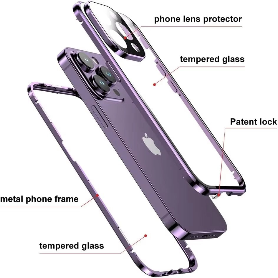 High Quality Apple iPhone Case MagSafe Compatible, Camera Lens & Screen Protection Cover with Double Glass Metal Buckle