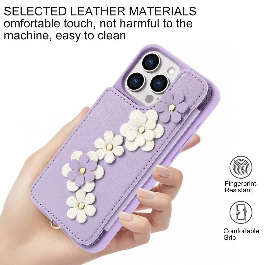 Luxury Crossbody Wallet Leather iPhone Case – 3D Flower Design, Card Slot, Wrist Strap, Magnetic Closure, Protective Cover