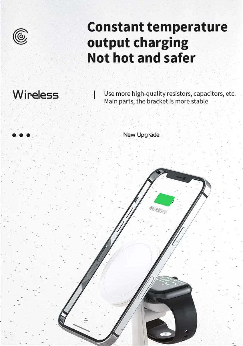Premium 4 in 1 Magnetic Wireless Charging Station – 30W Fast Charger Stand with LED Lamp, Cooling Fan, USB Output for Phones, AirPods and Apple Watch