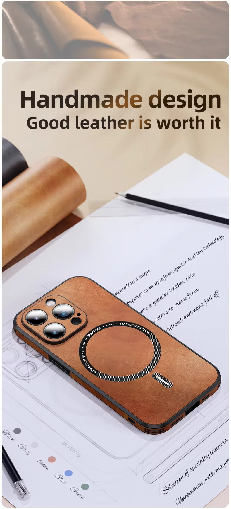 Premium MagSafe Leather iPhone Case with Magnetic Shockproof Design, Glass Lens Protector, Full Body Drop Defense, 