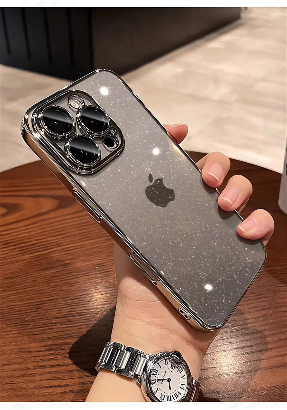 Luxury Apple iPhone Case, MagSafe Compatible, Camera Lens & Screen Protection, Ultra Thin, Shockproof, Magnetic Full All Around Cover – Transparent Glitter Slim Case with Electroplated Gold Bumper & Hard Plastic Back