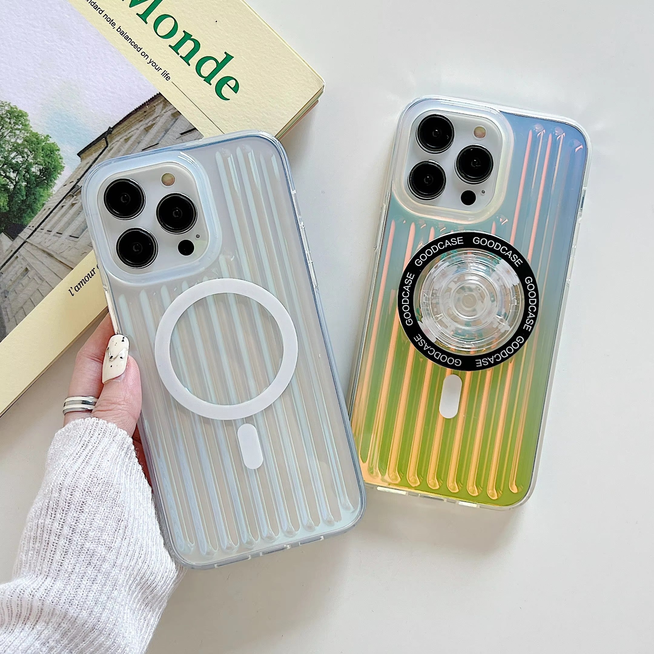 Premium Apple iPhone Case, MagSafe Compatible, Camera Lens & Screen Protection, Ultra Thin, Shockproof, Magnetic Full All Around Cover – Gradient Laser Luggage Style TPU + PC Case with Full Wrap Protection