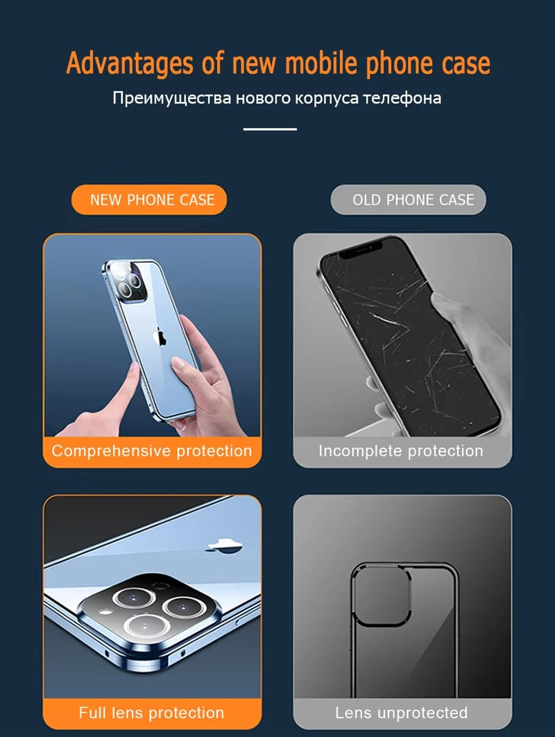 High Quality Apple iPhone Case MagSafe Compatible, Camera Lens & Screen Protection Cover with Double Glass Metal Buckle