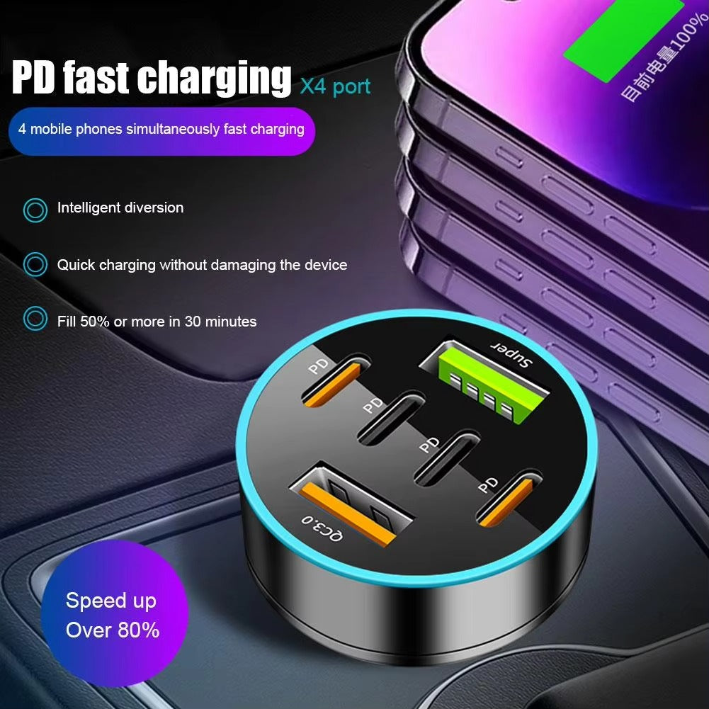 Premium 250W USB Car Charger with Digital Display – 6-Port Fast Charging PD QC3.0 Type-C Adapter, Intelligent Protection, Quick Charge
