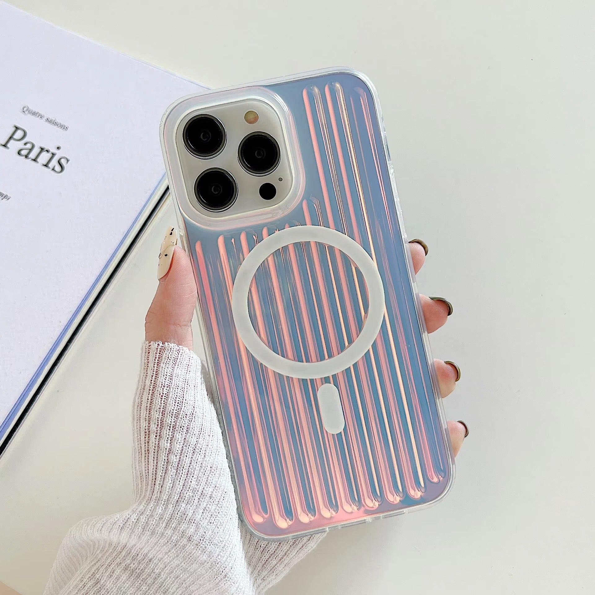 Premium Apple iPhone Case, MagSafe Compatible, Camera Lens & Screen Protection, Ultra Thin, Shockproof, Magnetic Full All Around Cover – Gradient Laser Luggage Style TPU + PC Case with Full Wrap Protection