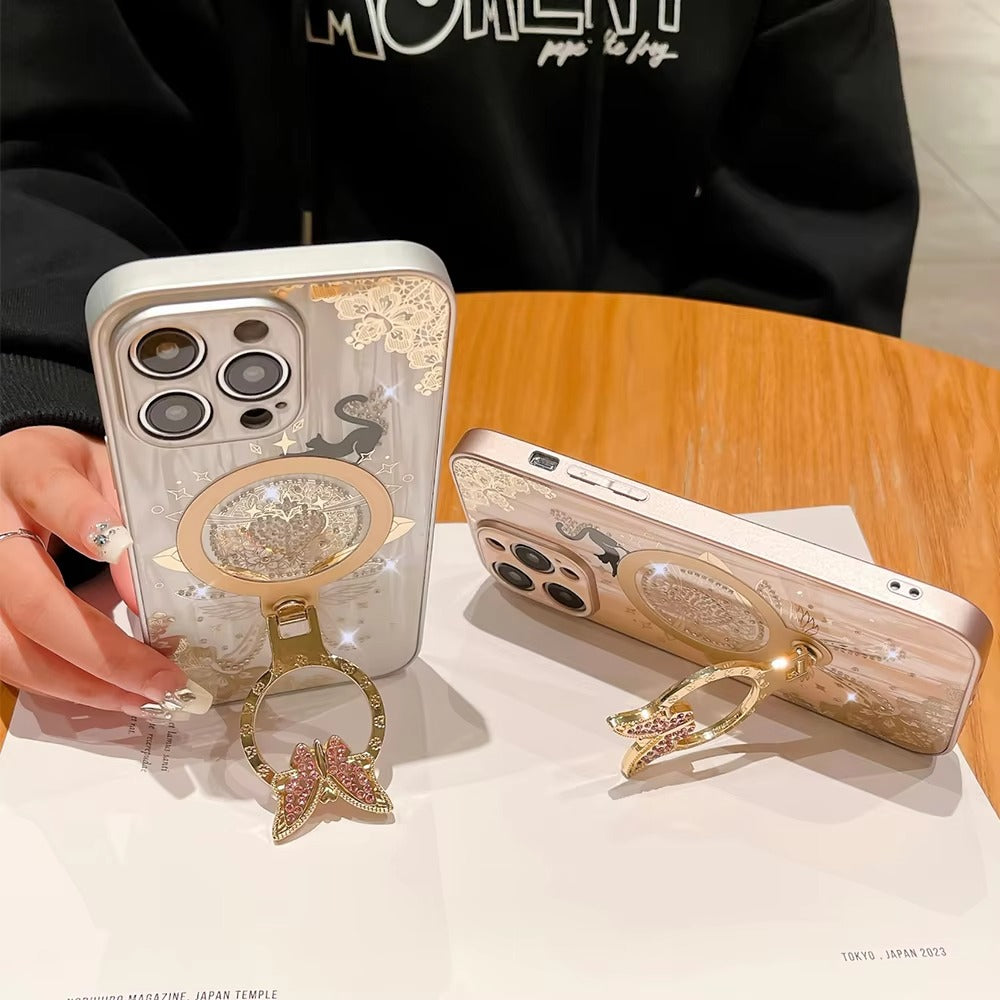 Luxury Apple iPhone Case, MagSafe Compatible, Camera Lens and Screen Protection, Ultra Thin, Shockproof, Magnetic, Full All Around Protection, Night Cat Ring Cover