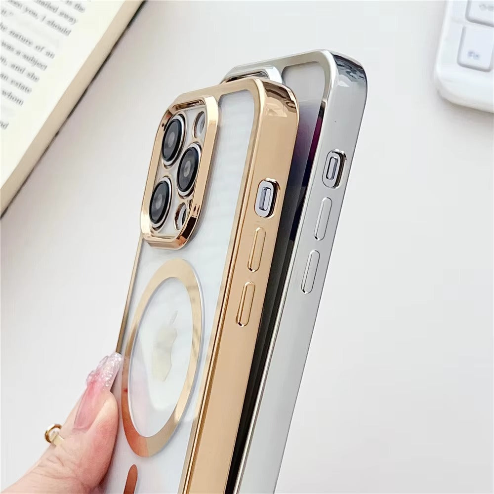 Luxury Apple iPhone Case, MagSafe Compatible, Camera Lens & Screen Protection, Ultra Thin, Shockproof, Magnetic Full All Around Cover – Clear Plating Soft Case with Necklace Lanyard Cord