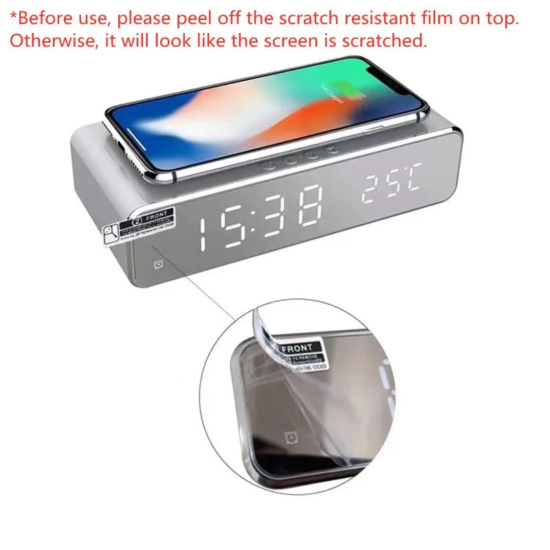 Luxury Wireless Charging Alarm Clock – LED Digital Thermometer Dock Station with Fast 5W Charger for Phones, Smartwatches, and Earbuds