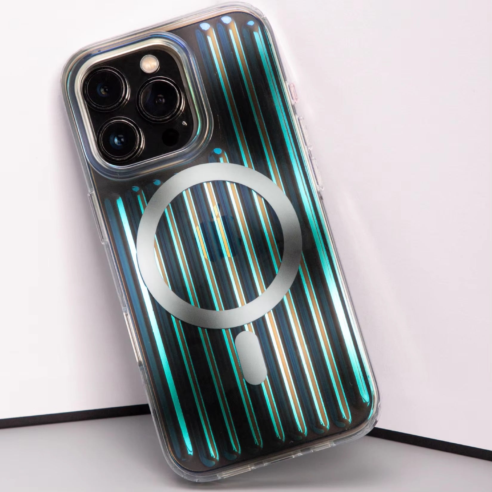 Premium Apple iPhone Case, MagSafe Compatible, Camera Lens & Screen Protection, Ultra Thin, Shockproof, Magnetic Full All Around Cover – Gradient Laser Luggage Style TPU + PC Case with Full Wrap Protection
