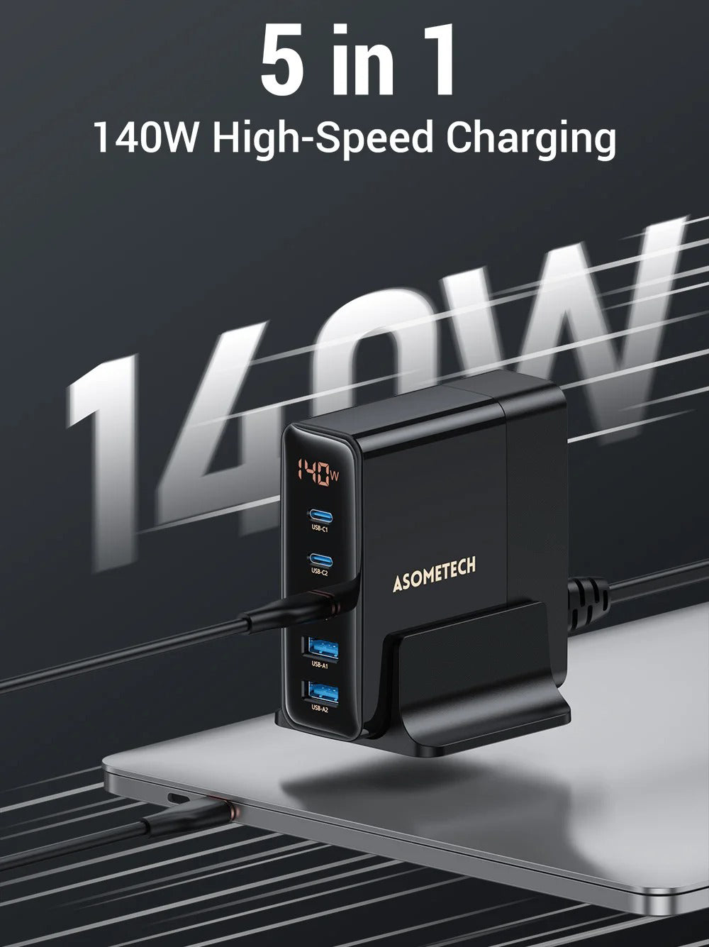 High Quality 140W GaN Desktop Charger – 5 Port Fast Charging Station with USB C PD PPS QC Support for Laptops, Tablets, Phones and Smart Devices
