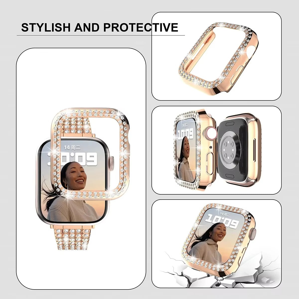 Luxury Glitter Metal Watch Band with Diamond Case – Sparkling Adjustable Strap and Protective Cover for 40mm to 49mm 