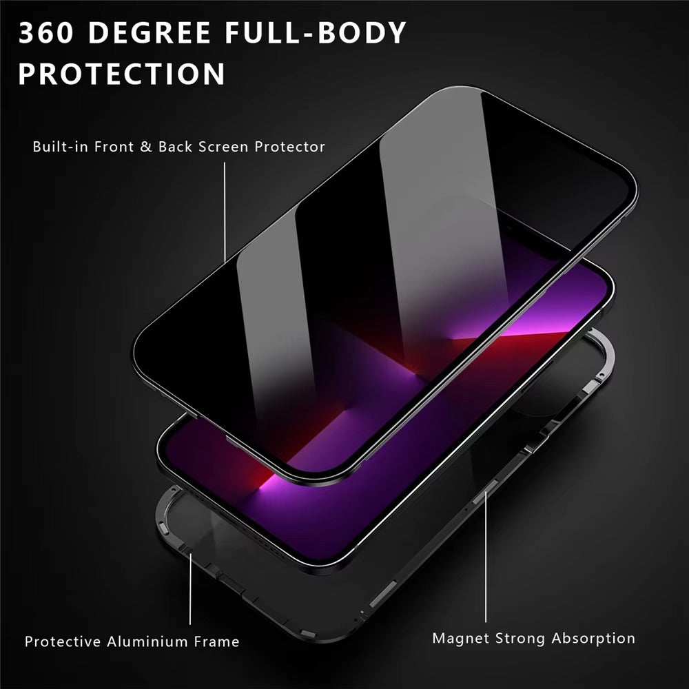 High Quality Apple iPhone Case, MagSafe Compatible, Camera Lens & Screen Protection, Ultra Thin, Shockproof, Magnetic Full All Around Cover – Double Glass Magnetic Case with Anti-Peeping Privacy Screen & Metal Frame Protection