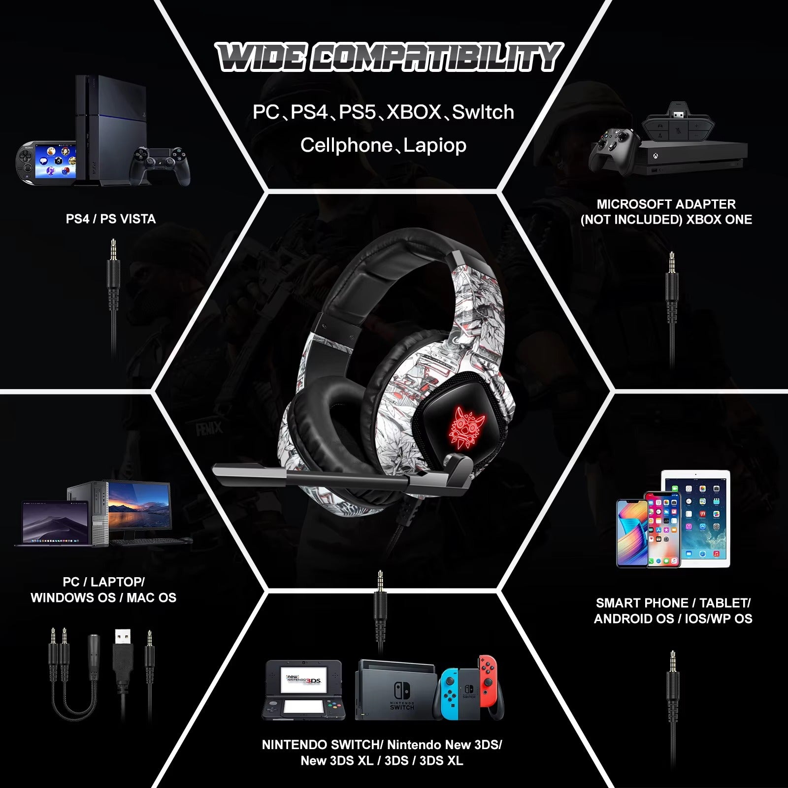 High Quality, Wired Gaming Headset with Microphone Stereo Over-Ear  with Clear Sound for Apple Devices and Gaming Consoles