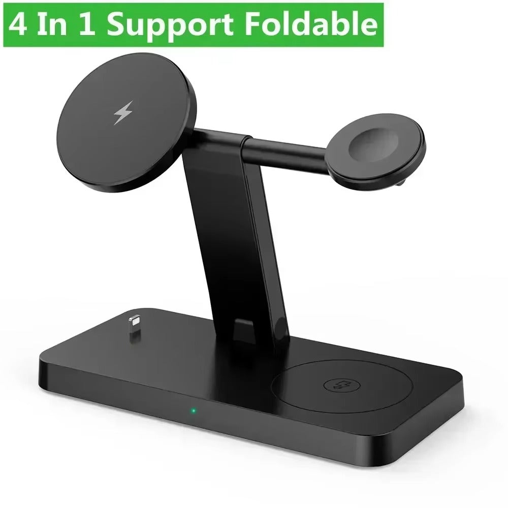 Premium 5 in 1 Magnetic Wireless Charging Station – Foldable Fast Charger Stand for Phones, Smartwatches, Earbuds with 30W Output & LED Night Light