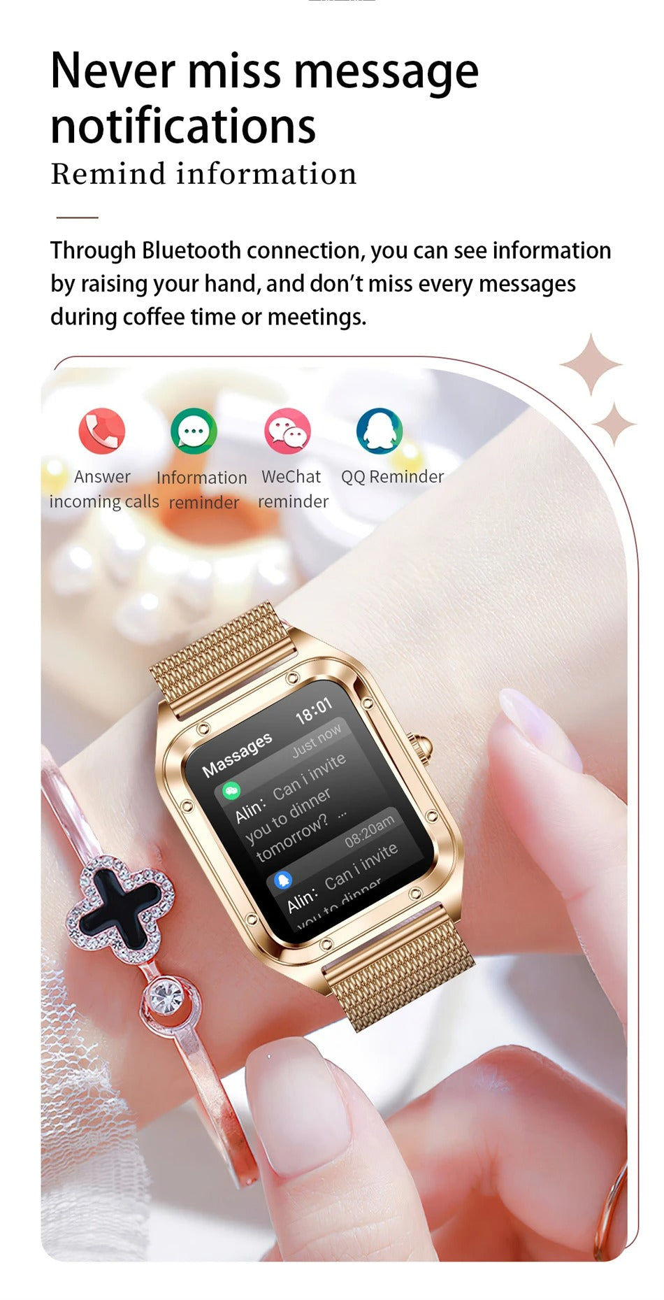 Luxury Women’s Smartwatch for iPhone – Bluetooth Call Fitness Tracker with Blood Pressure Monitor, Waterproof Sport Mode