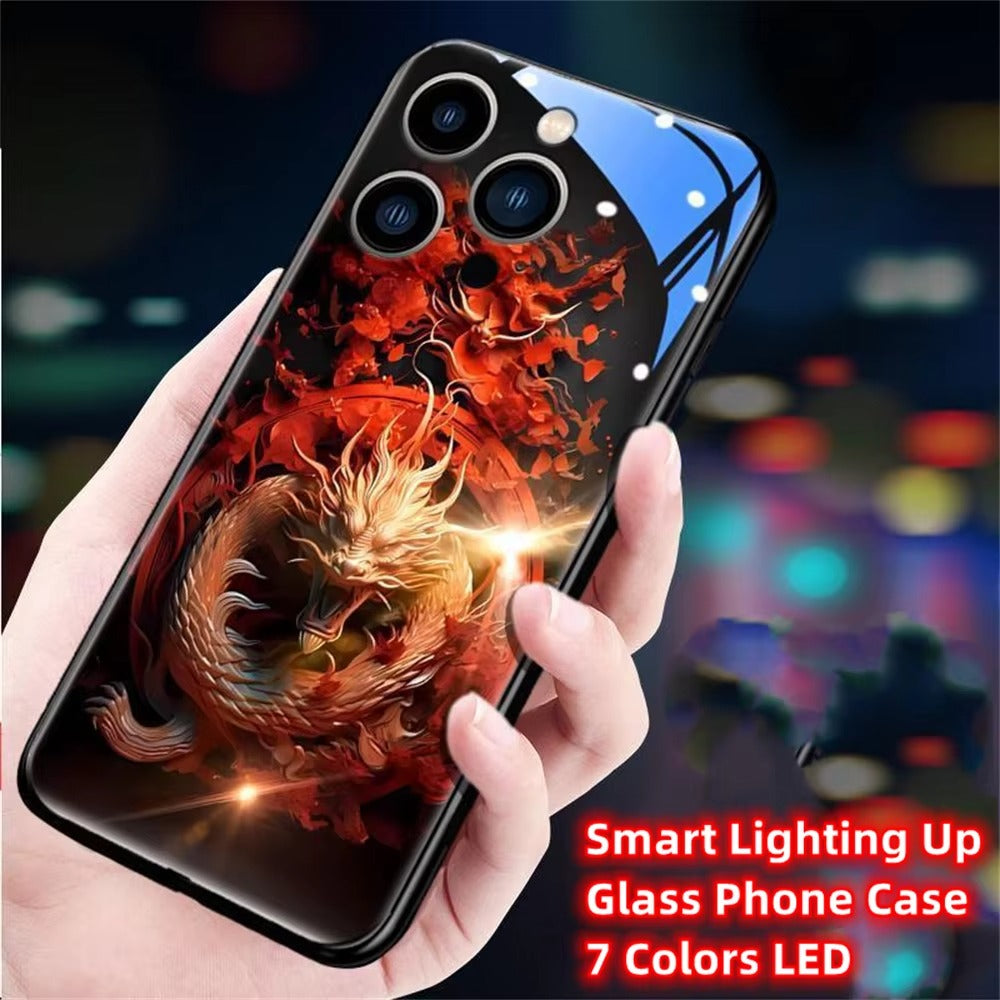 Premium Apple iphone  Case, LED Flash, Sound Reactive, Shockproof, Ultra Thin, Full Body Protection, Golden Dragon Luminous Glass Cover