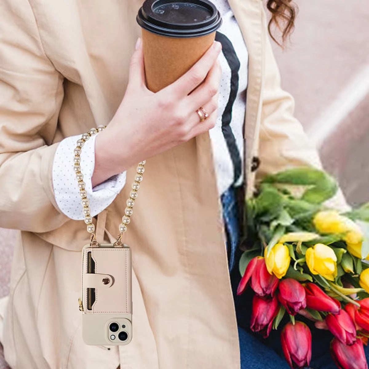 High Quality Apple iPhone Case, MagSafe Compatible, Camera Lens & Screen Protection, Ultra Thin, Shockproof, Magnetic Full All Around Cover – PU Leather Wallet Case with Mirror, Zipper & Pearl Strap