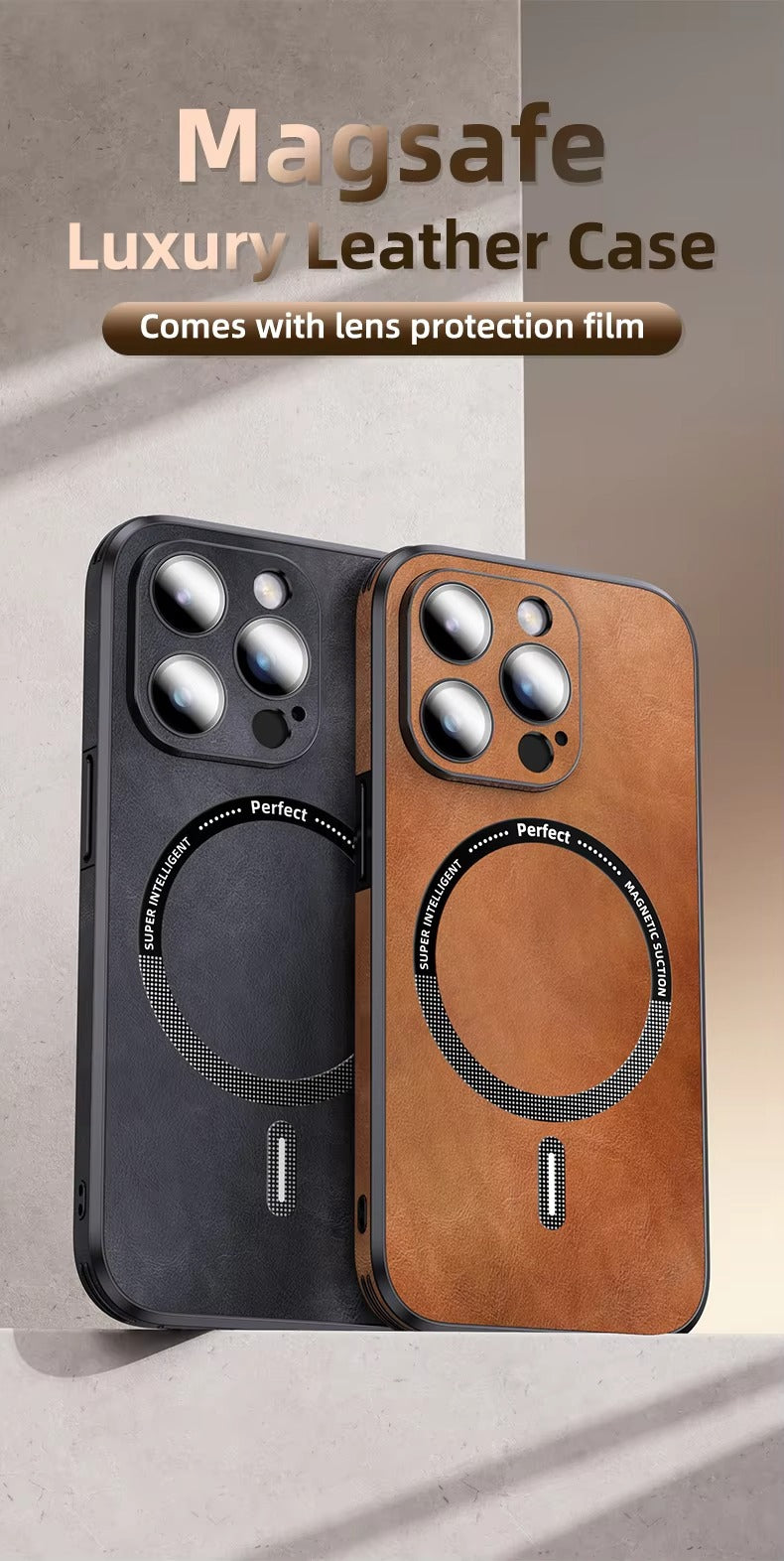 Premium MagSafe Leather iPhone Case with Magnetic Shockproof Design, Glass Lens Protector, Full Body Drop Defense, 