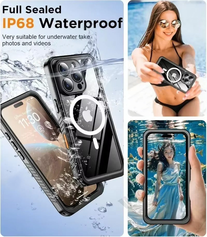 Premium Apple iPhone Case MagSafe Compatible, Camera Lens & Screen Protection, Ultra Thin Shockproof Magnetic Full All Around Protection Cover with IP68 Waterproof Diving Shell