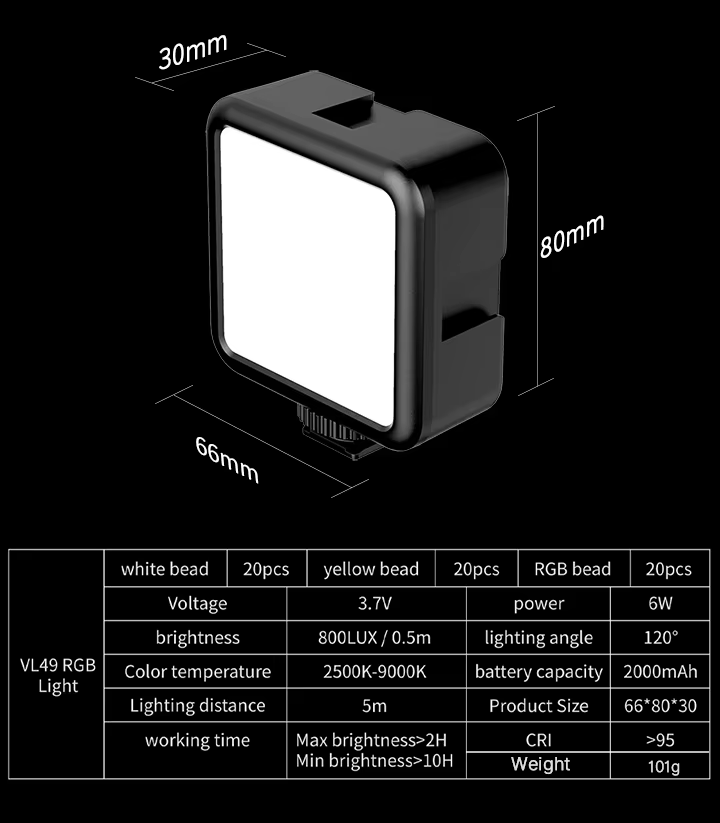 Premium, RGB LED Fill Light – Rechargeable 2000mAh Video Lamp with Cold Shoe, Compact Lighting Kit for Apple iPhone, Camera, 