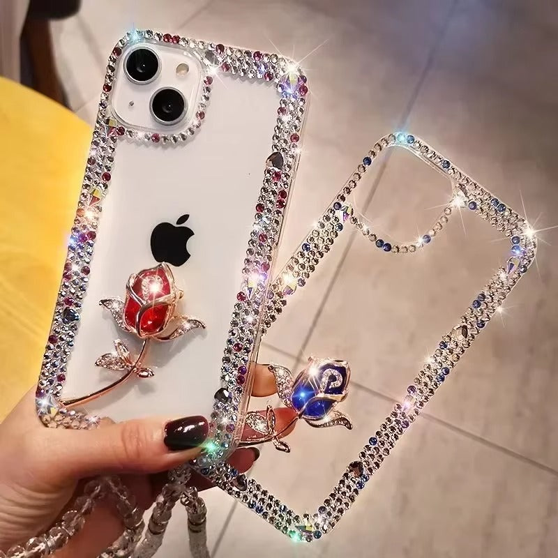 Luxury Apple iPhone Case, MagSafe Compatible, Camera Lens & Screen Protection, Ultra Thin, Shockproof, Magnetic Full All Around Cover – Diamond Bling Rhinestone Case with Glitter Rose Design for Sparkling Protection