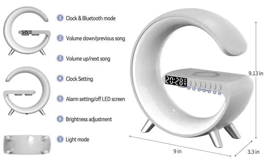 Luxury Wireless Charging Alarm Clock – Bluetooth Speaker with Sunrise Wake-Up Light, RGB Night Lamp, Sleep Aid, 5W Fast Charger for Qi-Enabled Devices