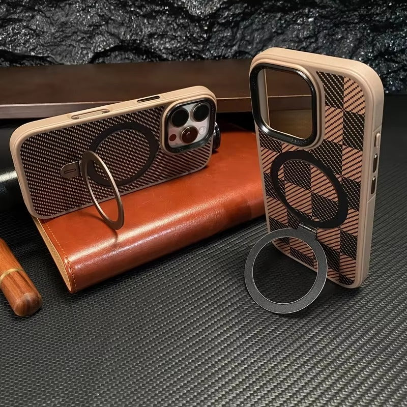 Premium Apple iPhone Case, MagSafe Compatible, Camera Lens & Screen Protection, Ultra Thin, Shockproof, Magnetic Full All Around Cover – Kevlar Carbon Fiber Texture Case with Magnetic Holder & Shockproof Back Design