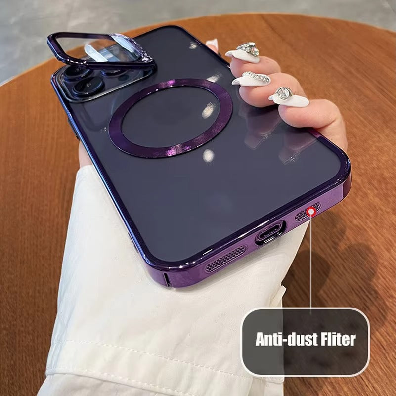 Luxury Apple iPhone Case Ultra Thin Shockproof Magnetic Full All Around Protection Cover with Transparent Plating Bracket
