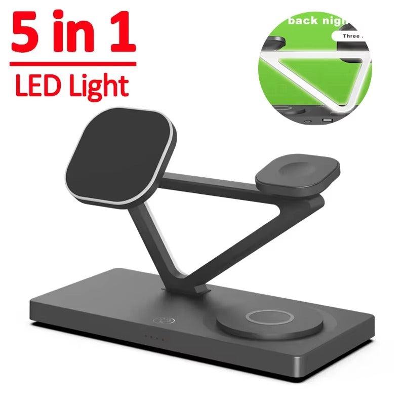Premium 5 in 1 Magnetic Wireless Charging Station – Foldable Fast Charger Stand for Phones, Smartwatches, Earbuds with 30W Output & LED Night Light