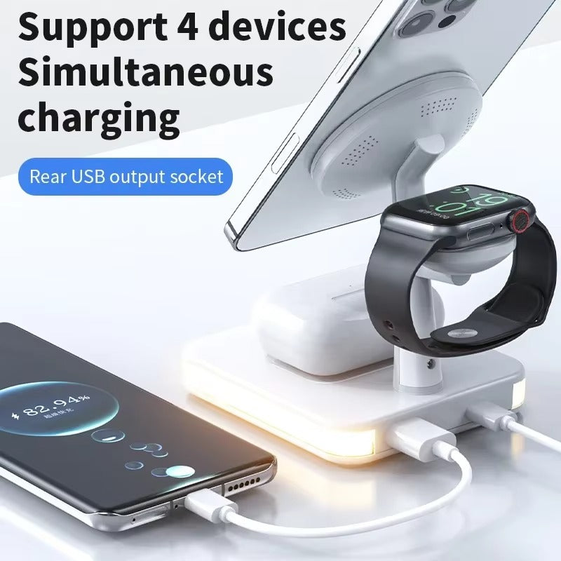 Premium 4 in 1 Magnetic Wireless Charging Station – 30W Fast Charger Stand with LED Lamp, Cooling Fan, USB Output for Phones, AirPods and Apple Watch