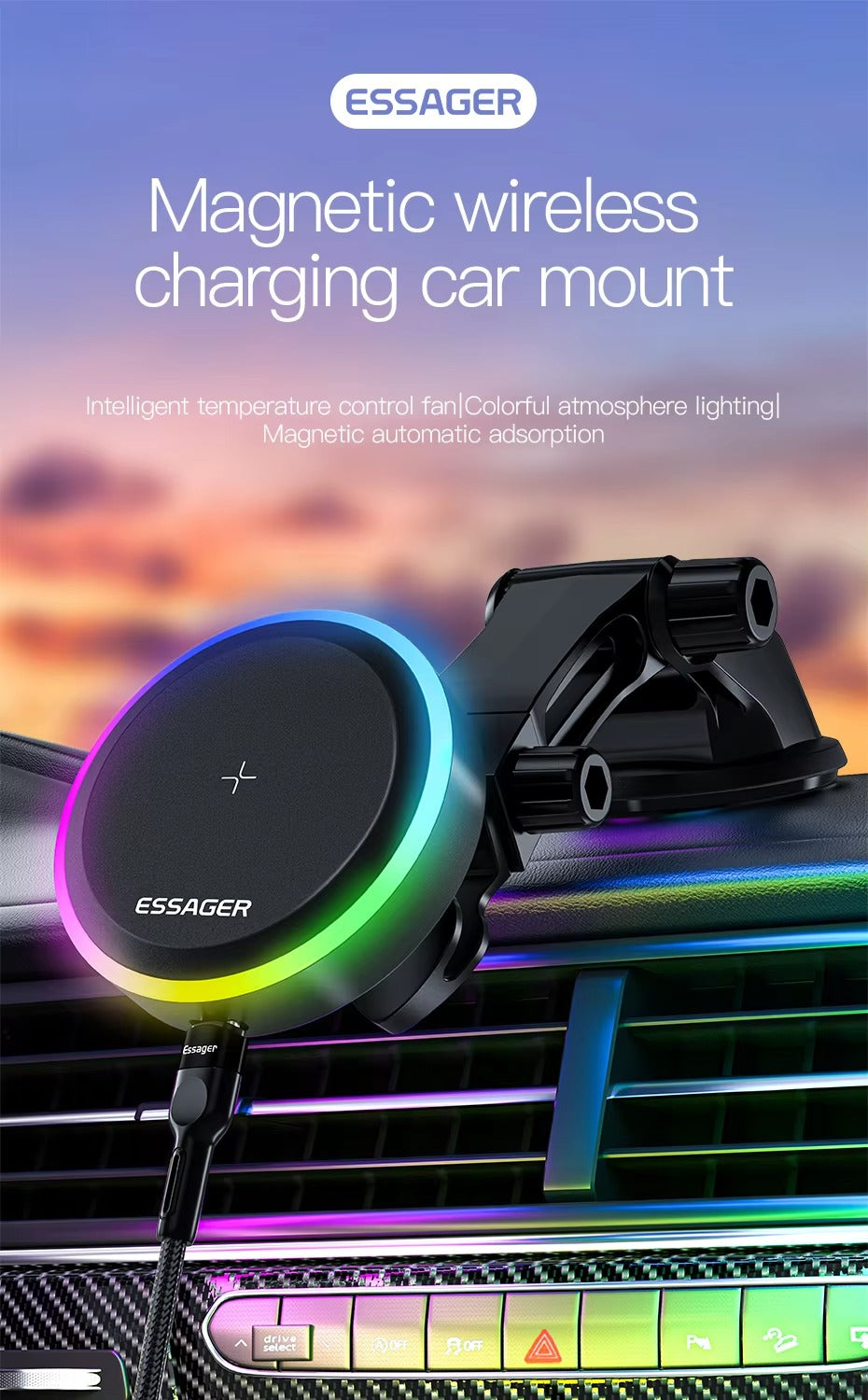 Premium, RGB, Magnetic Car Phone Holder, with 15W Qi Wireless Charging, Dashboard or Vent Mount, Fast Charger Stand for iPhone