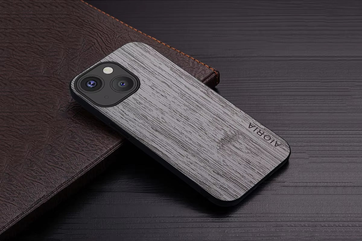 Premium Wood Grain iPhone Case MagSafe Compatible Ultra Thin Magnetic with Smooth Brown Texture and Metallic Frame Design