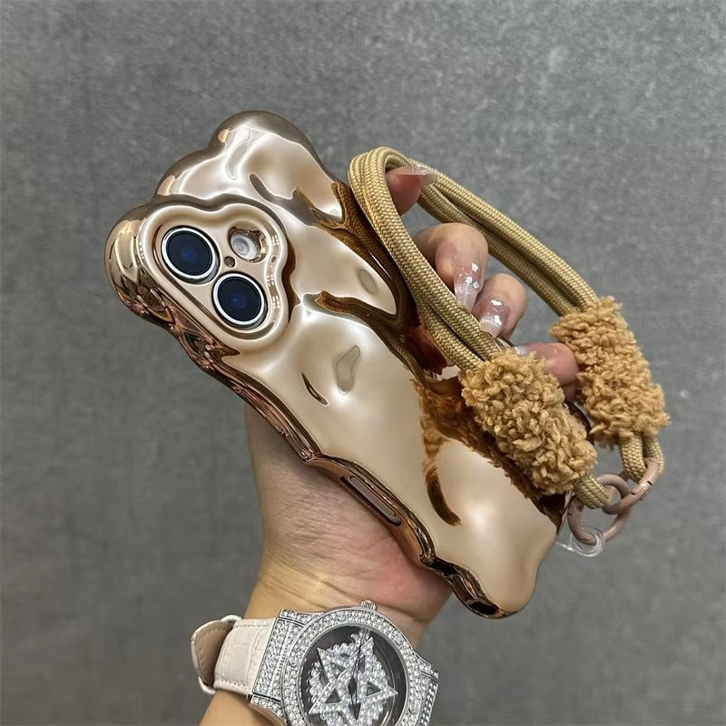 Luxury Apple iPhone Case, MagSafe Compatible, Camera Lens & Screen Protection, Ultra Thin, Shockproof, Magnetic Full All Around Cover – 3D Wave Edge Plating Case with Plush Wristband & Lanyard Strap