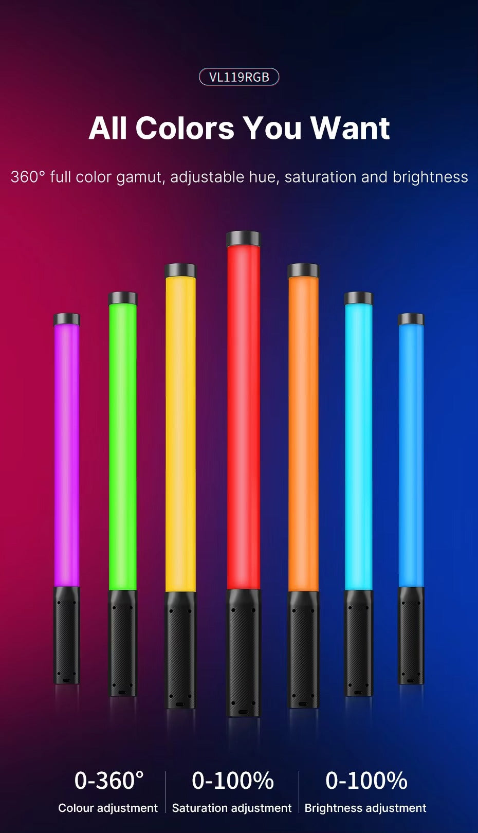 High Quality, Handheld RGB Light Wand – 19.7" LED Stick with Adjustable 2500K–9000K Color, CRI 95+, Apple iPhone and Cameras