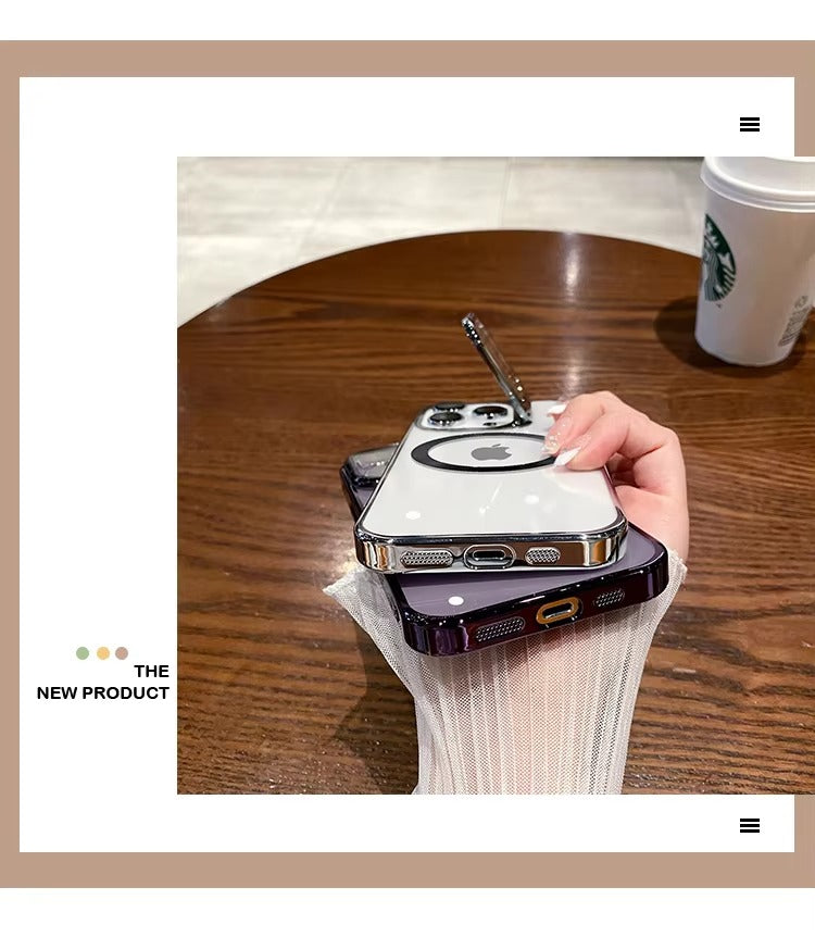 Luxury Apple iPhone Case Ultra Thin Shockproof Magnetic Full All Around Protection Cover with Transparent Plating Bracket