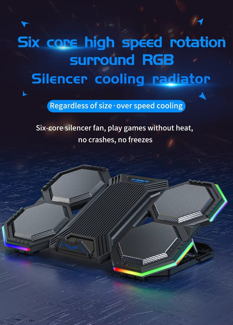 High-Performance, RGB, Gaming Laptop Stand, Air Cooler, Notebook Holder, with 6 Fans, Adjustable, Foldable Base, for 12, 13, 14, 15, 16, 17 Inch Laptops