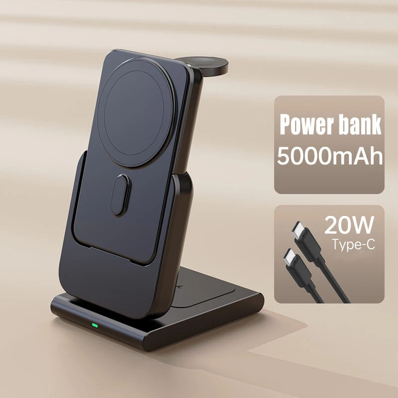 Premium 3-in-1 Magnetic Wireless Charging Station & Portable Power Bank – Fast Charger for iPhone, Apple Watch & AirPods with Detachable Design