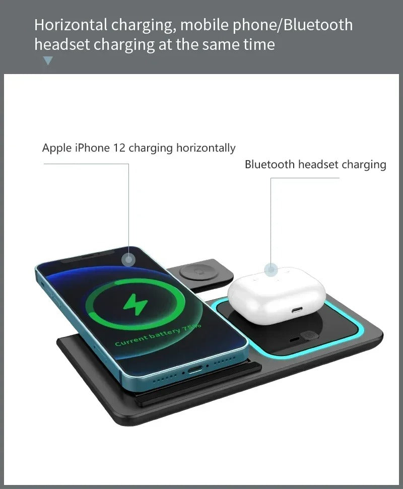 Premium 4 in 1 Wireless Charging Station with LED Light – Foldable Fast Charger Stand for Phones, Apple Watch, AirPods and Qi-Compatible Devices