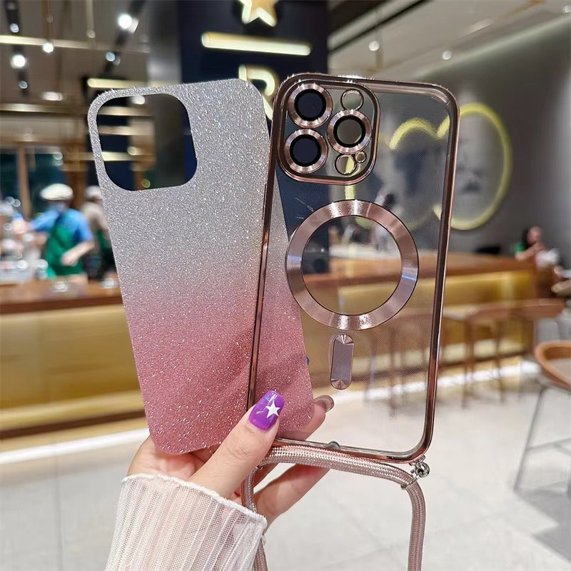 Premium Glitter Crossbody Apple iPhone Case, MagSafe Compatible, Ultra Thin Magnetic Shockproof Full Cover 