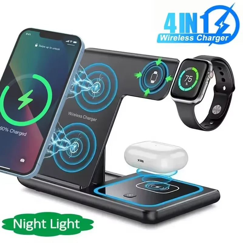 Premium 4 in 1 Wireless Charging Station with LED Light – Foldable Fast Charger Stand for Phones, Apple Watch, AirPods and Qi-Compatible Devices