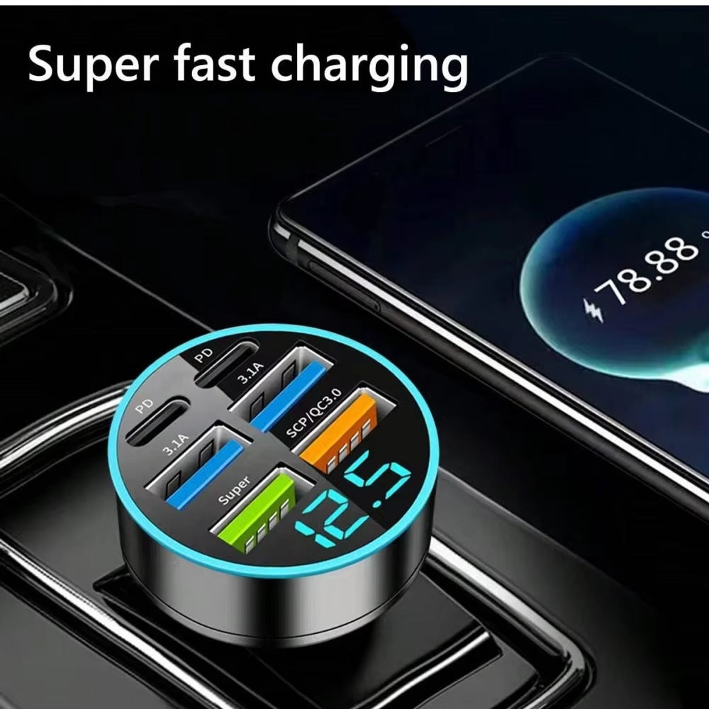 Premium 250W USB Car Charger with Digital Display – 6-Port Fast Charging PD QC3.0 Type-C Adapter, Intelligent Protection, Quick Charge