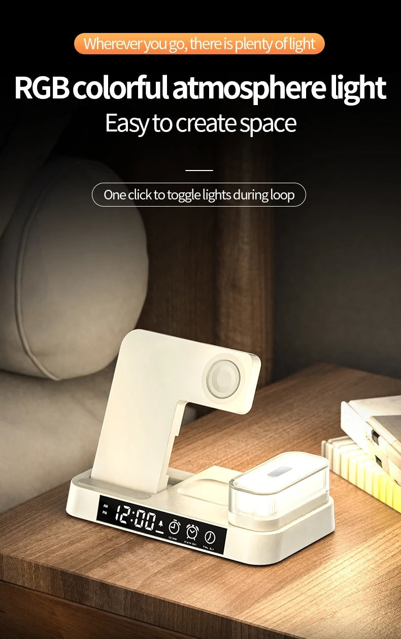 Premium 3 in 1 Wireless Charging Station – 30W Fast Charger Stand with Alarm Clock, Removable RGB Night Light for Phones, Apple Watch, Samsung Watch & AirPods