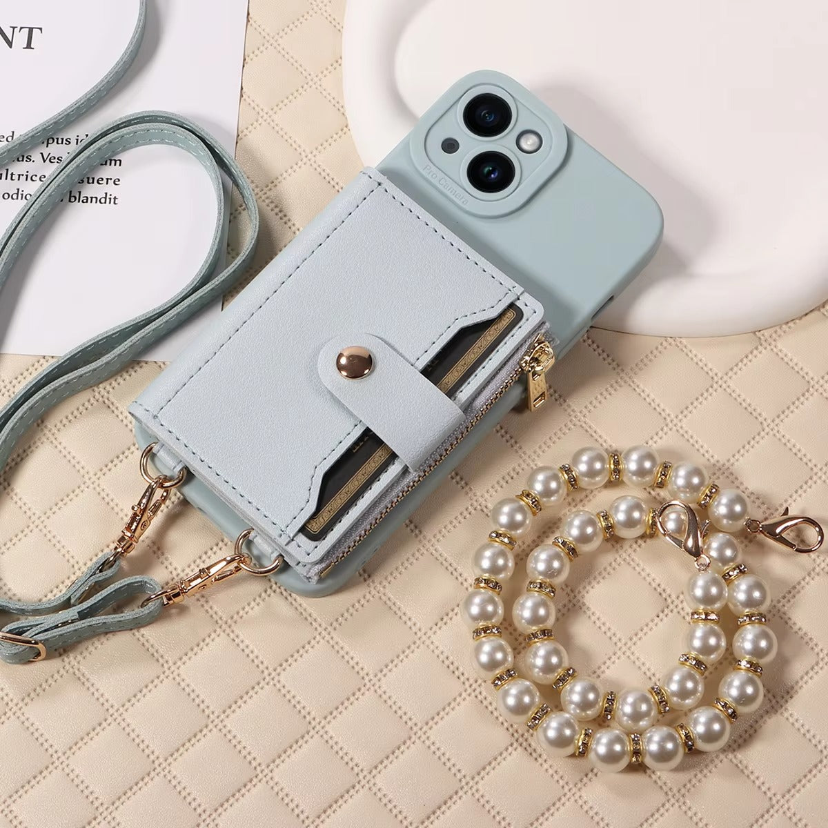 High Quality Apple iPhone Case, MagSafe Compatible, Camera Lens & Screen Protection, Ultra Thin, Shockproof, Magnetic Full All Around Cover – PU Leather Wallet Case with Mirror, Zipper & Pearl Strap