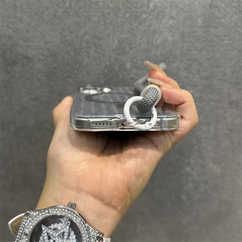 Luxury Apple iPhone Case, MagSafe Compatible, Camera Lens & Screen Protection, Ultra Thin, Shockproof, Magnetic Full All Around Cover – Laser Aurora Raindrop Acrylic Case with Wrist Strap & Wireless Charging