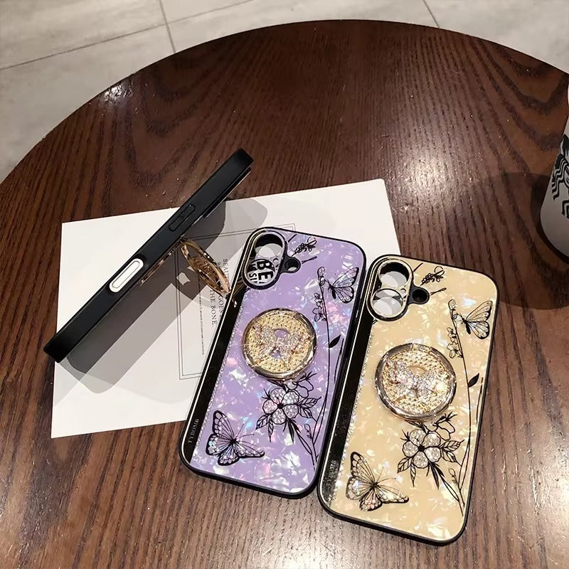 Luxury Apple iPhone Case, MagSafe Compatible, Camera Lens & Screen Protection, Ultra Thin, Shockproof, Magnetic Full All Around Cover – Shell Pattern Butterfly Case with Ring Holder & Hard Silicone TPU Back Design