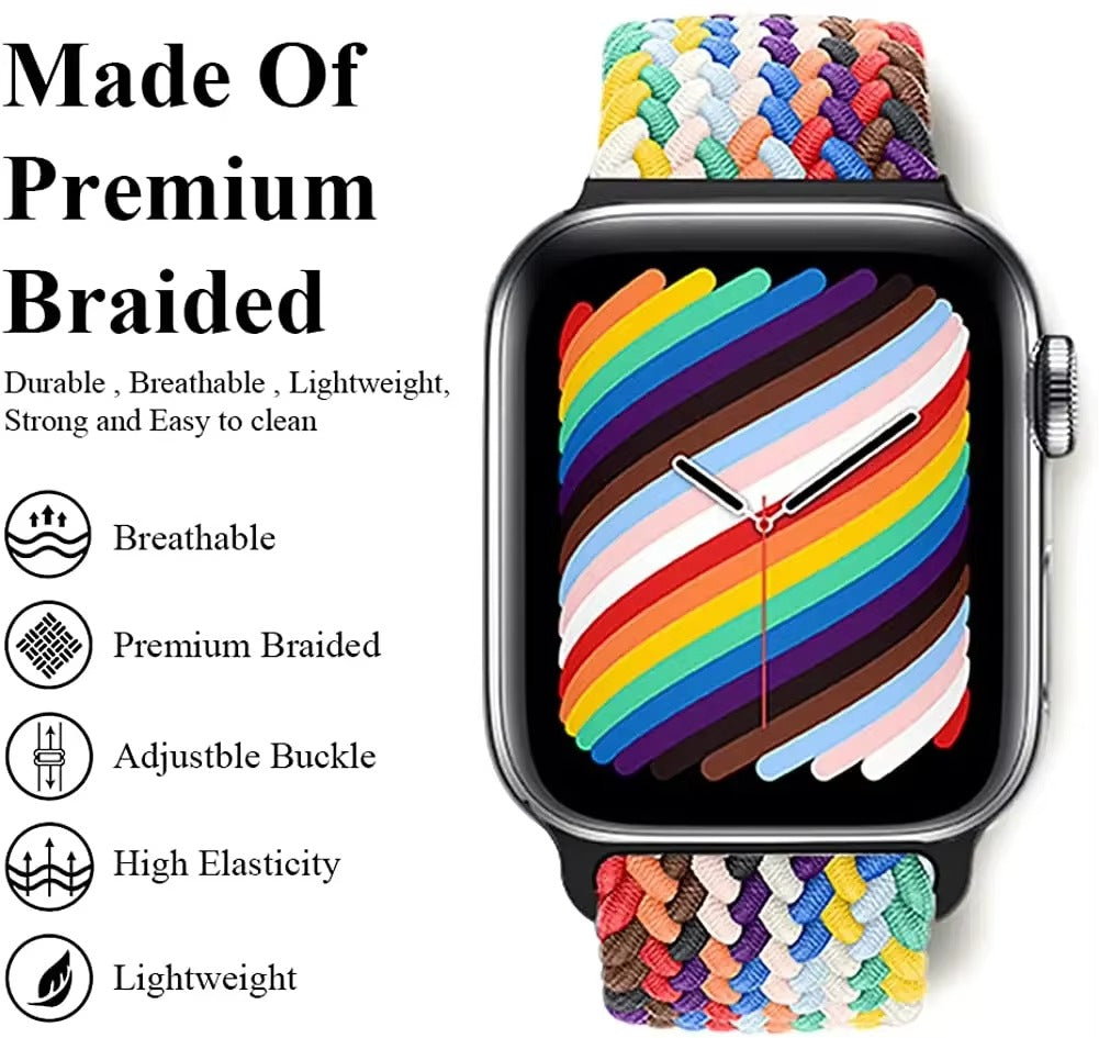 Premium Nylon Braided Solo Loop for Apple Watch – Adjustable Elastic Strap, Breathable Band for 40mm to 46mm Apple 